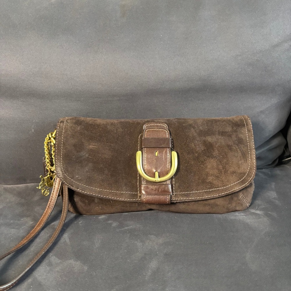 Coach Brown Suede Leather Wristlet Clutch Bag Brass Buckle L0893-42054
